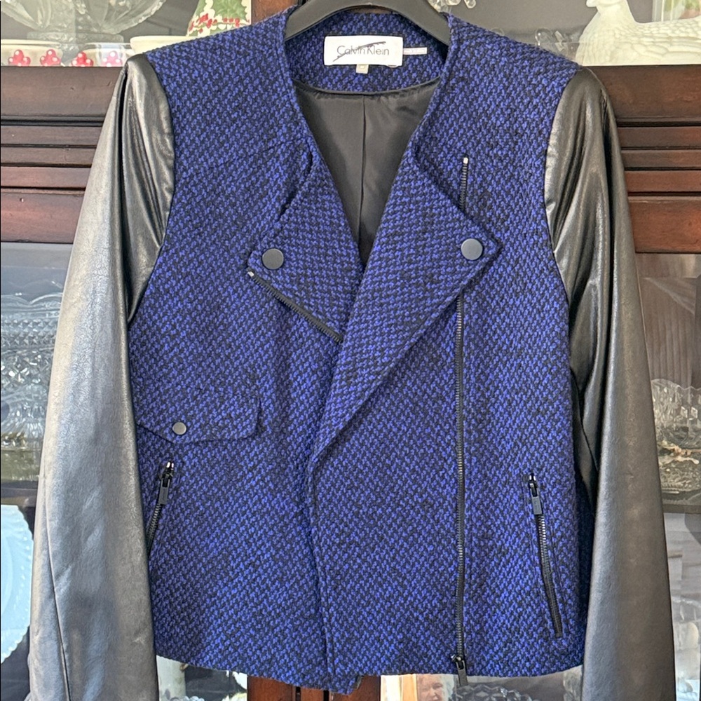 Calvin Klein Textured Blue and Black Bomber Jacket